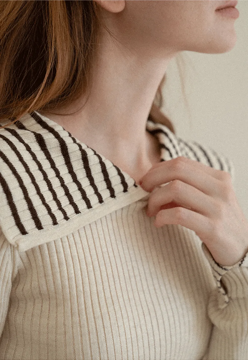 Striped Collar Ribbed Knit Sweater