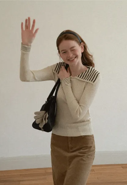 Striped Collar Ribbed Knit Sweater