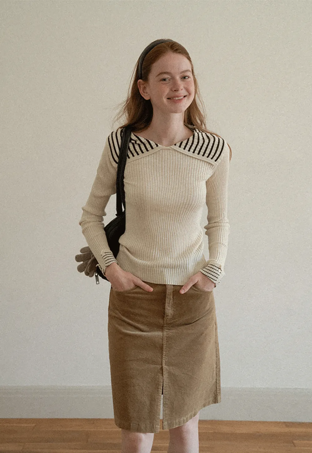 Striped Collar Ribbed Knit Sweater