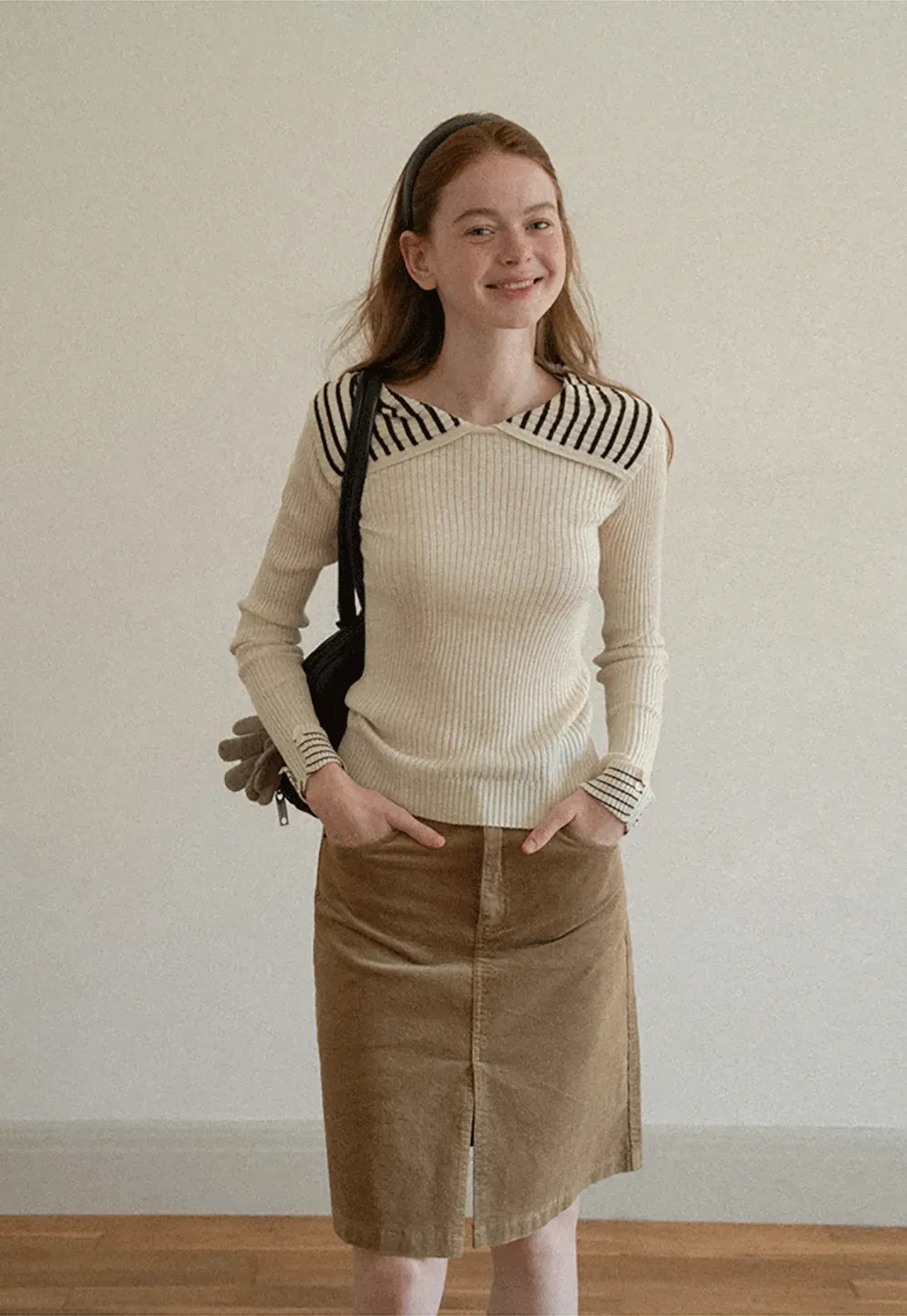 Striped Collar Ribbed Knit Sweater