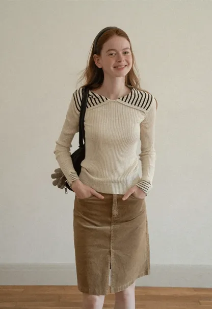 Striped Collar Ribbed Knit Sweater