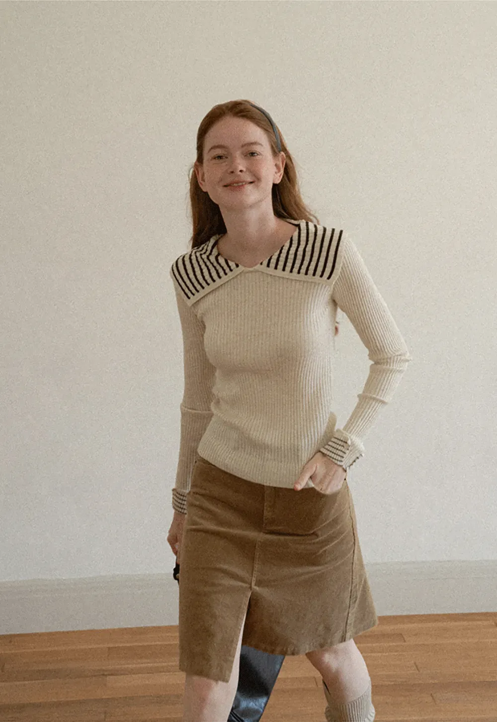 Striped Collar Ribbed Knit Sweater