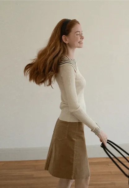 Striped Collar Ribbed Knit Sweater