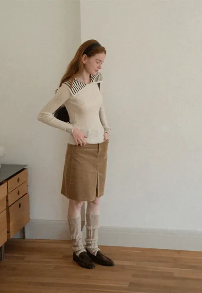 Striped Collar Ribbed Knit Sweater