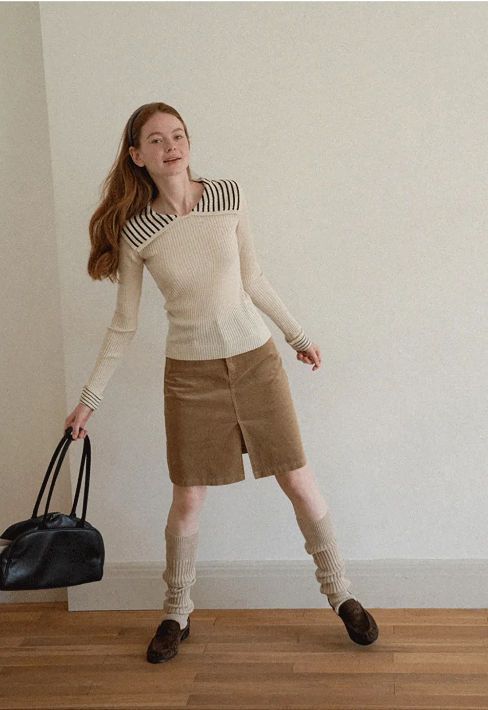 Striped Collar Ribbed Knit Sweater