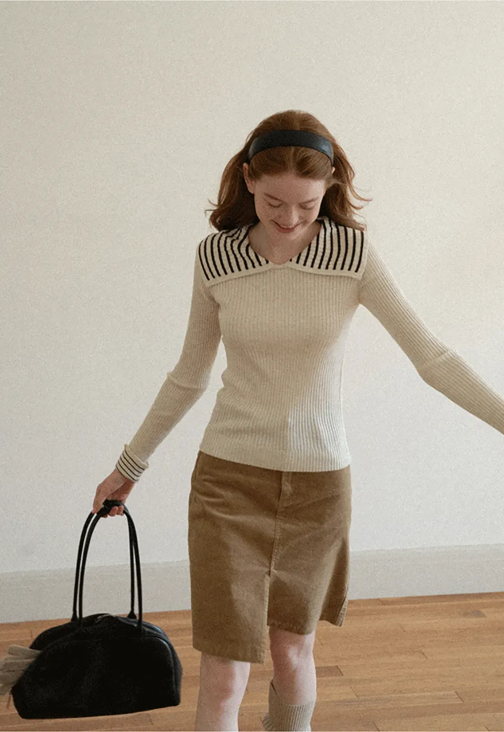 Striped Collar Ribbed Knit Sweater