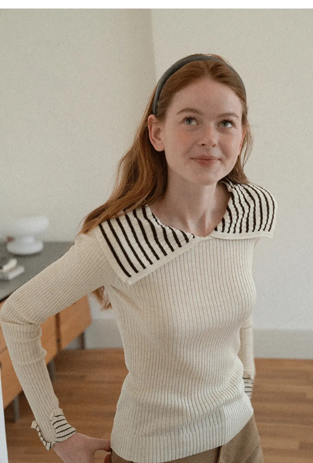 Striped Collar Ribbed Knit Sweater