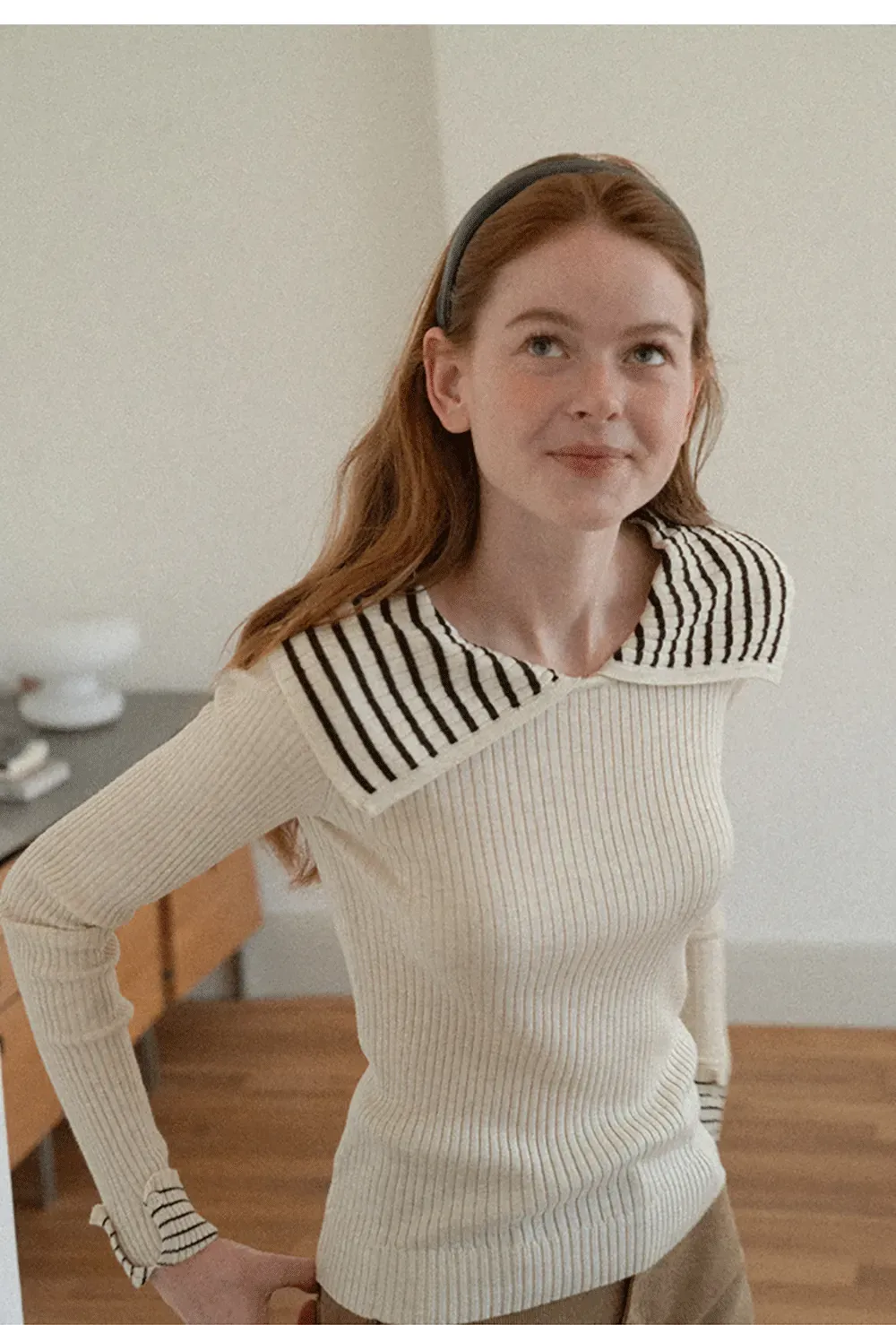 Striped Collar Ribbed Knit Sweater