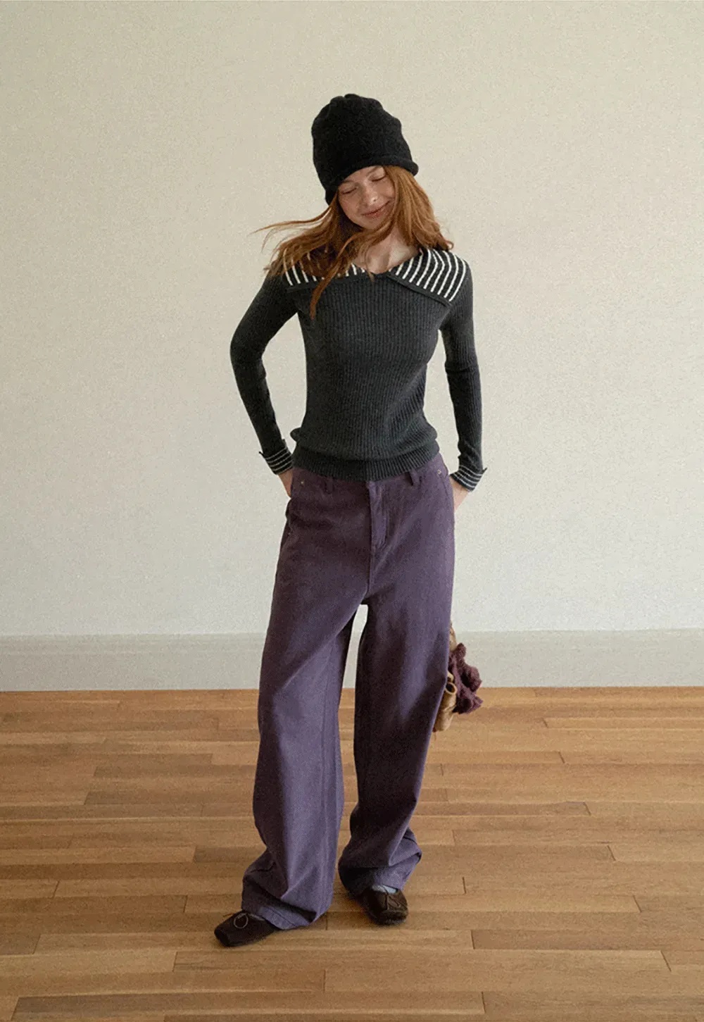 Striped Collar Ribbed Knit Sweater