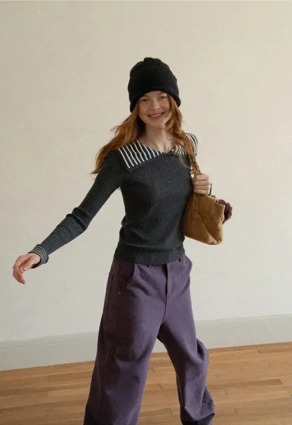 Striped Collar Ribbed Knit Sweater