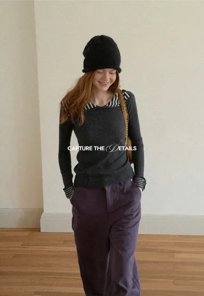Striped Collar Ribbed Knit Sweater