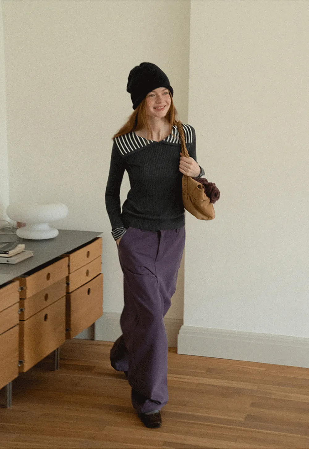 Striped Collar Ribbed Knit Sweater