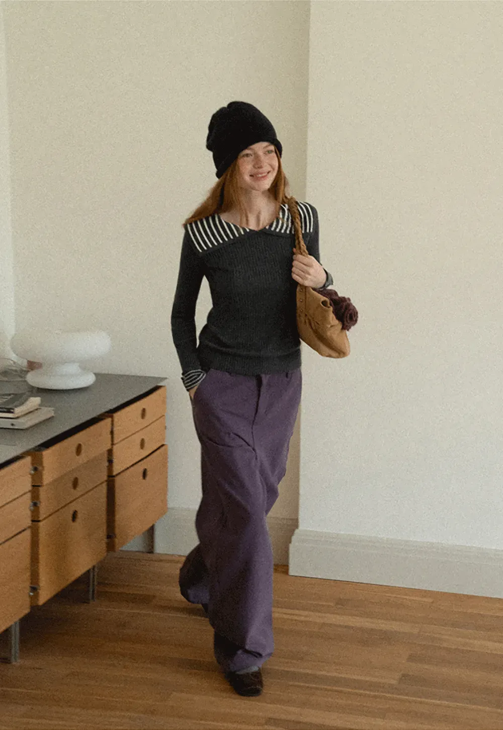 Striped Collar Ribbed Knit Sweater