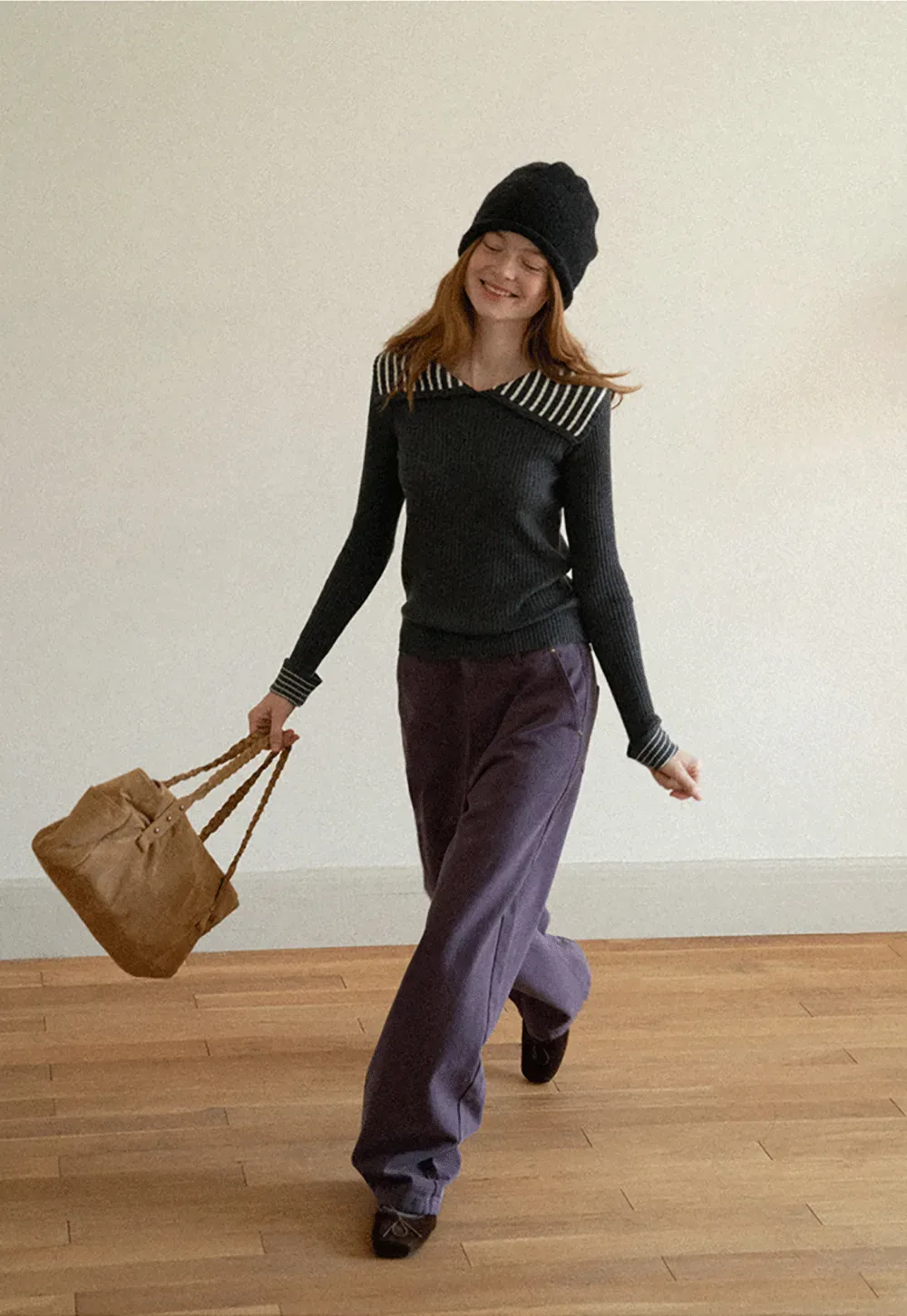 Striped Collar Ribbed Knit Sweater