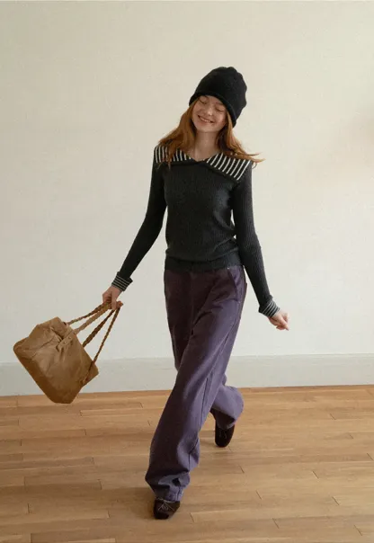 Striped Collar Ribbed Knit Sweater