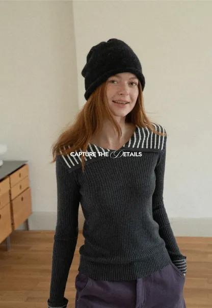 Striped Collar Ribbed Knit Sweater
