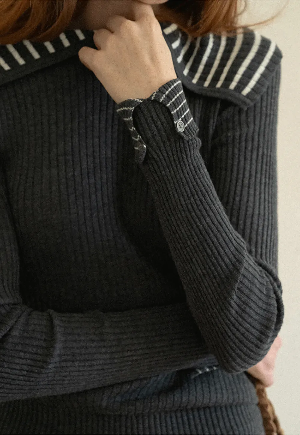 Striped Collar Ribbed Knit Sweater