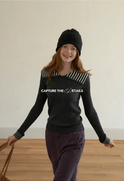 Striped Collar Ribbed Knit Sweater