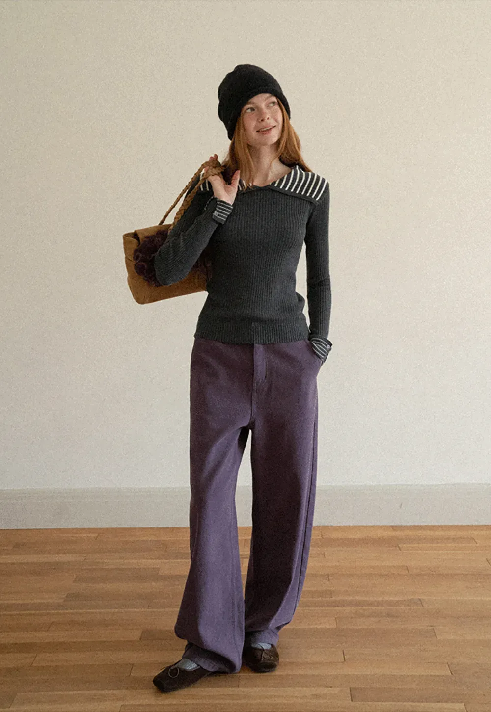 Striped Collar Ribbed Knit Sweater