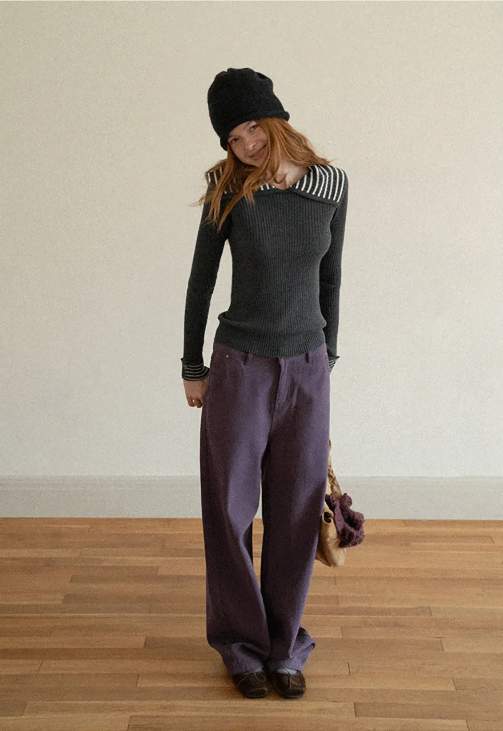 Striped Collar Ribbed Knit Sweater