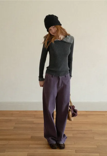 Striped Collar Ribbed Knit Sweater