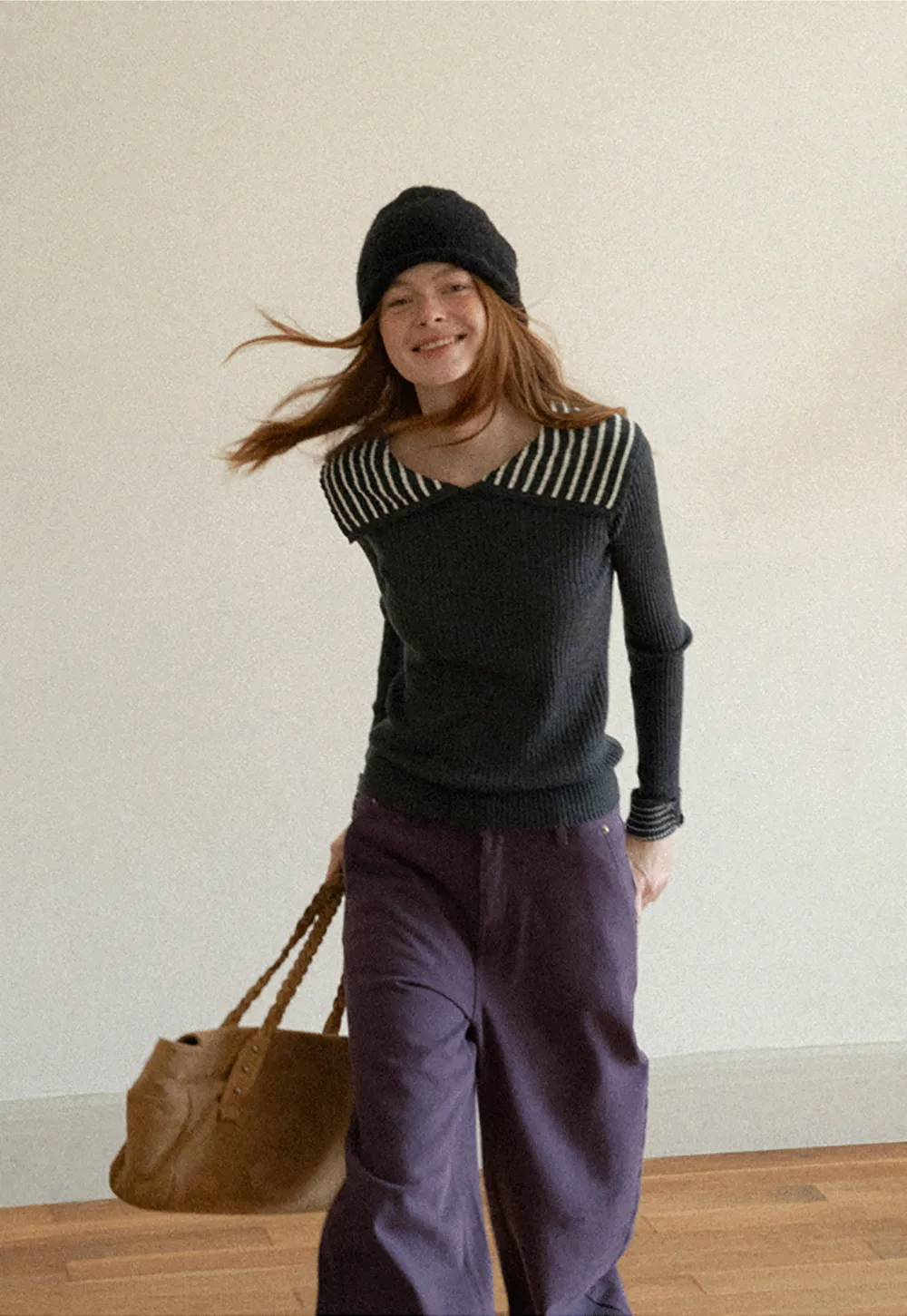 Striped Collar Ribbed Knit Sweater