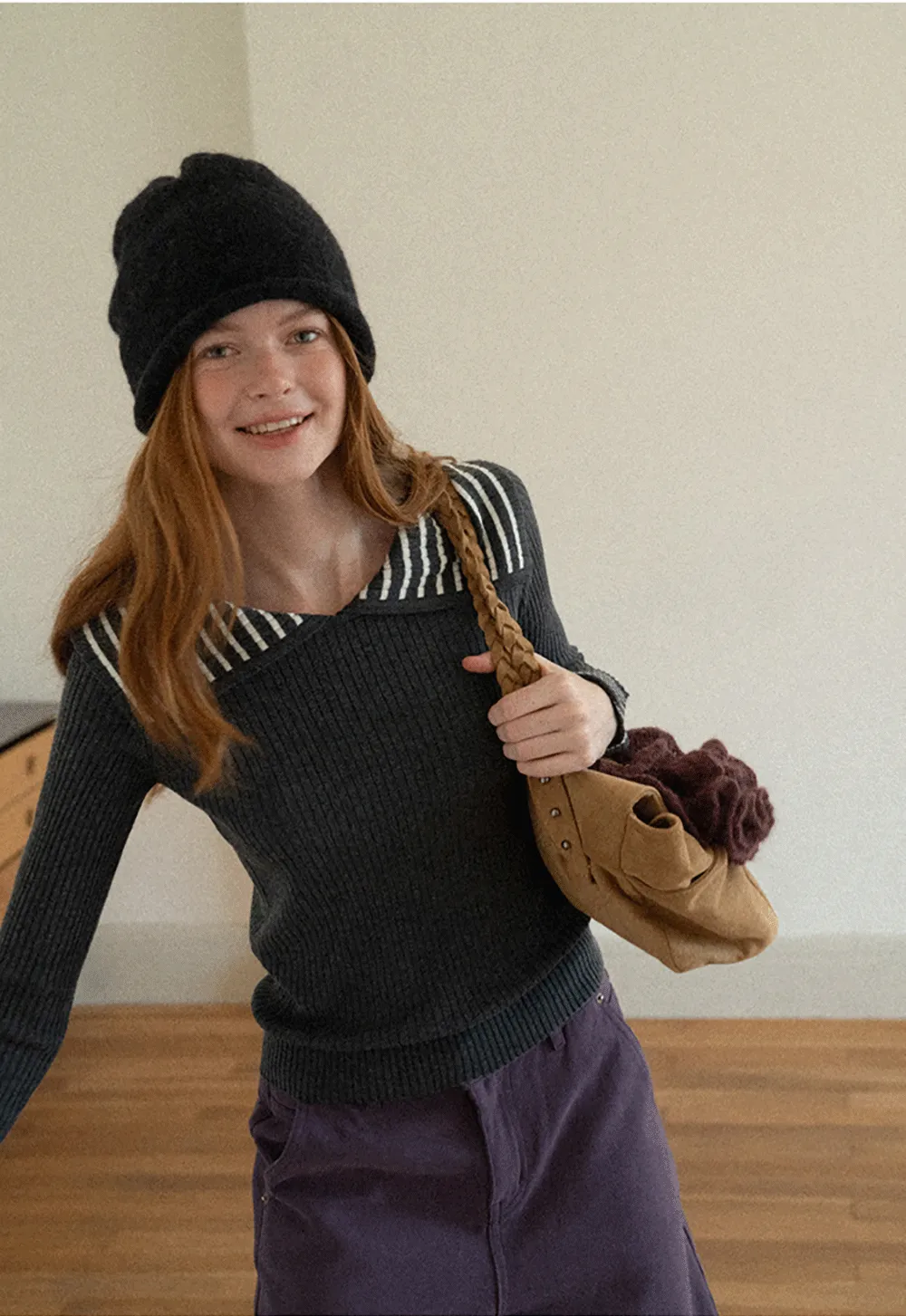 Striped Collar Ribbed Knit Sweater