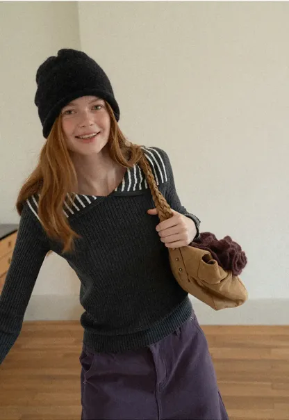 Striped Collar Ribbed Knit Sweater