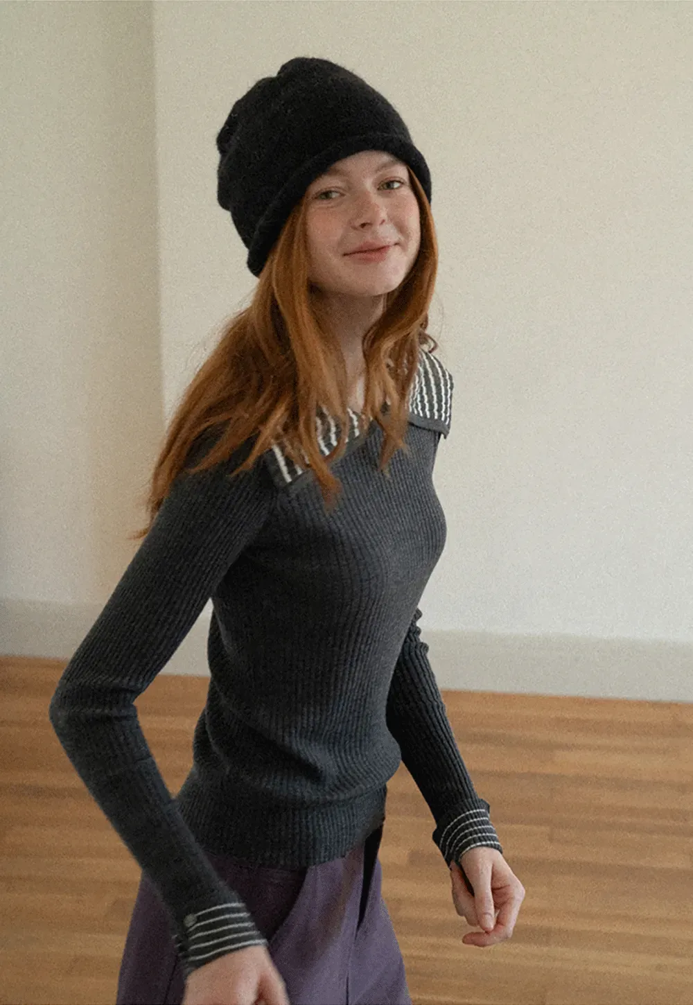 Striped Collar Ribbed Knit Sweater