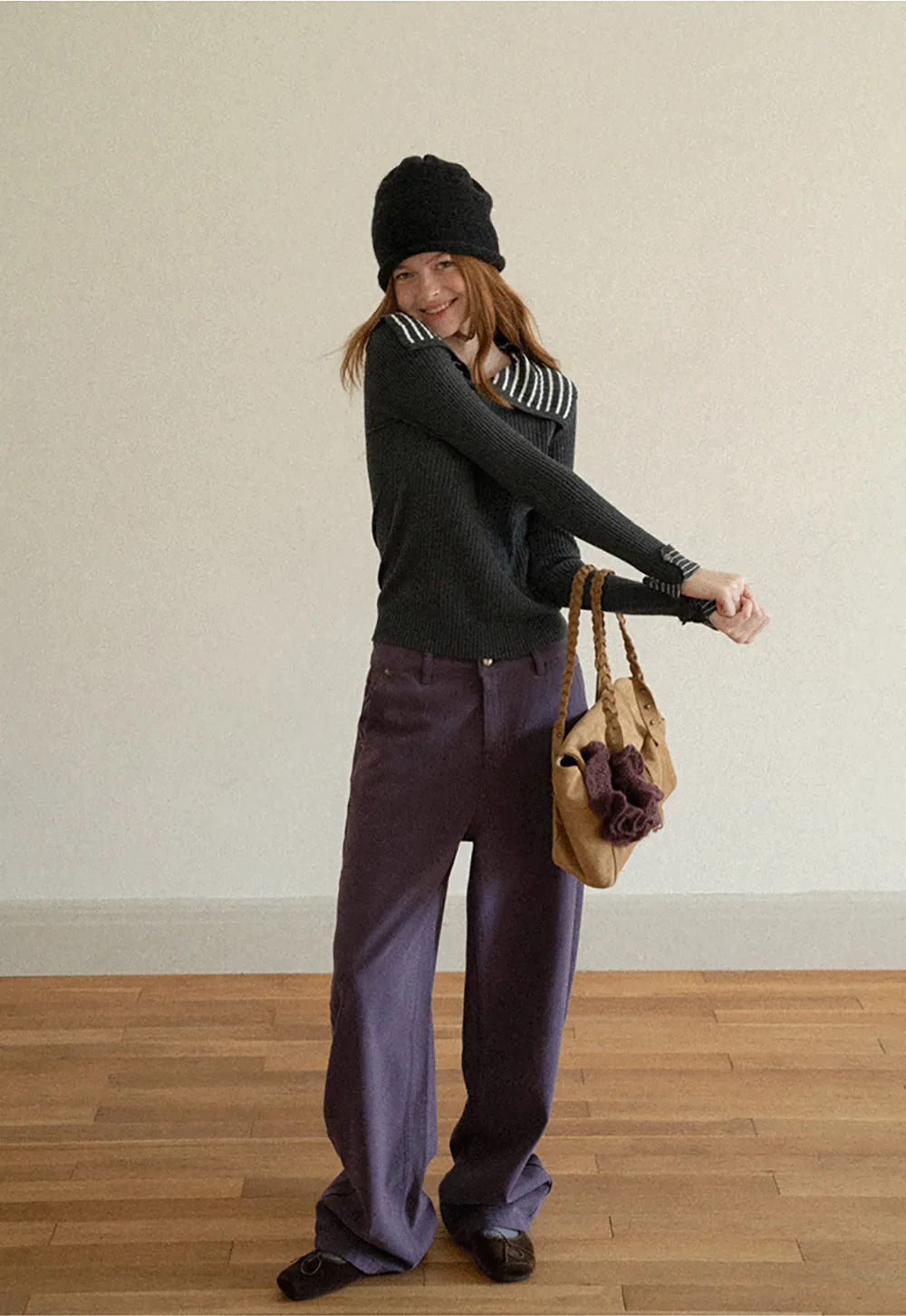 Striped Collar Ribbed Knit Sweater
