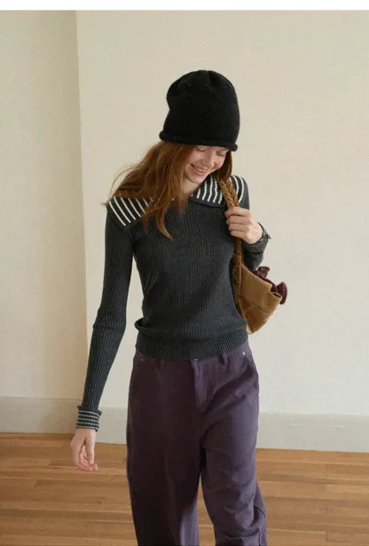 Striped Collar Ribbed Knit Sweater