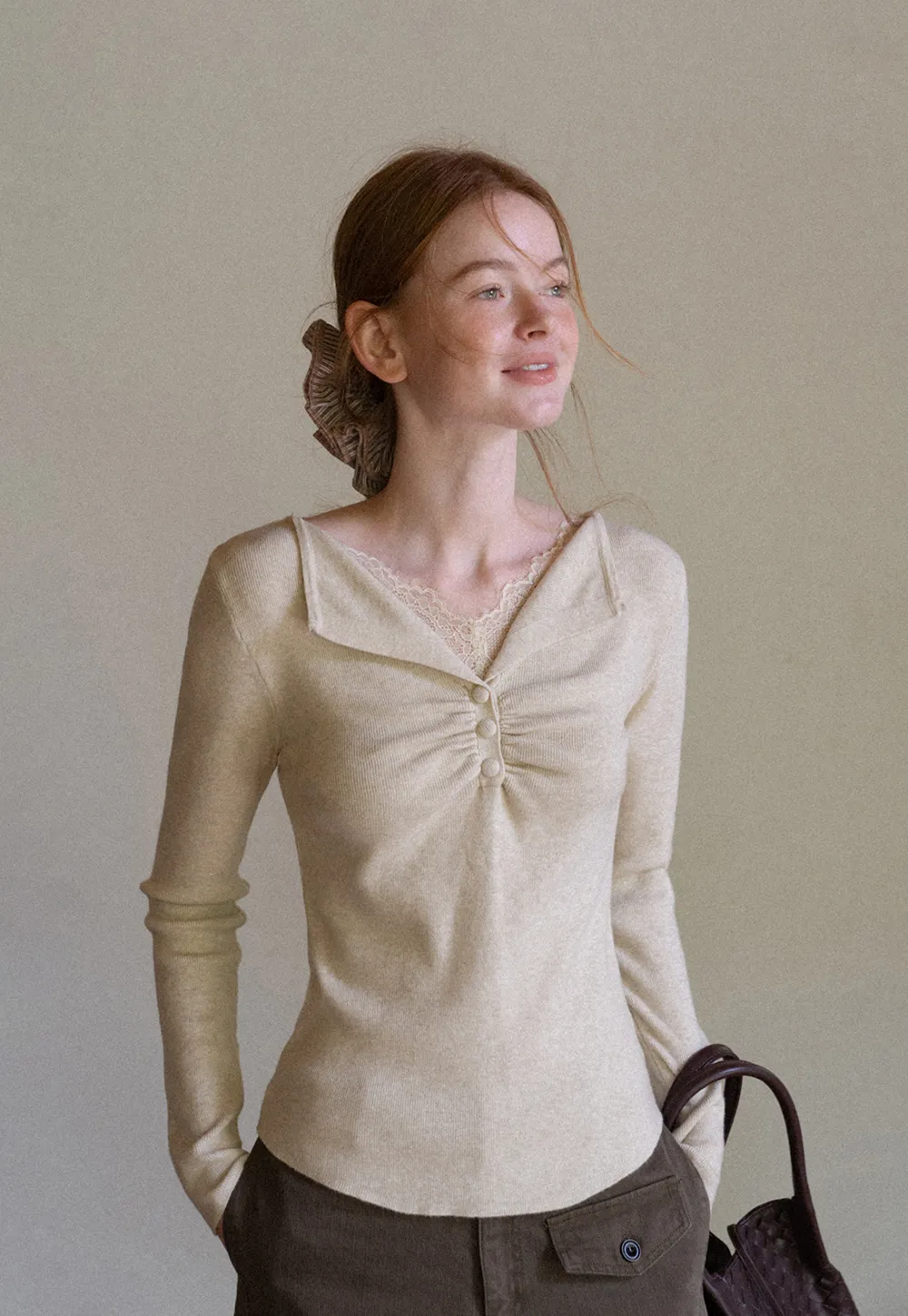 Lace Trim V Neck Pleated Front Woolen Knit Sweater