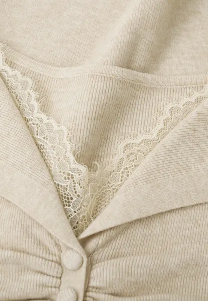 Lace Trim V Neck Pleated Front Woolen Knit Sweater