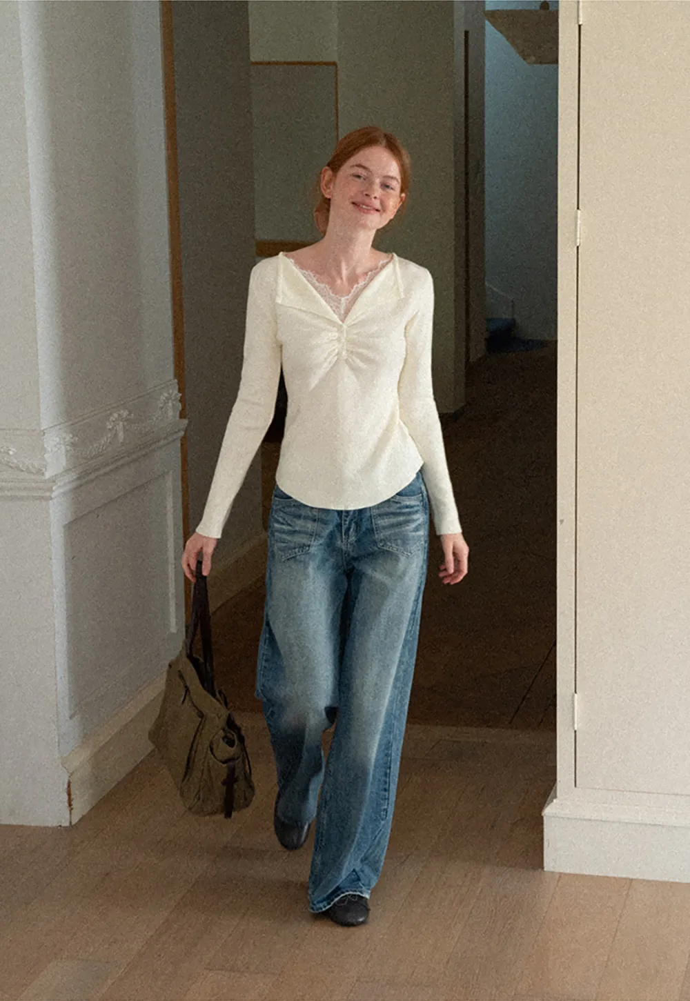 Lace Trim V Neck Pleated Front Woolen Knit Sweater