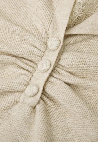 Lace Trim V Neck Pleated Front Woolen Knit Sweater