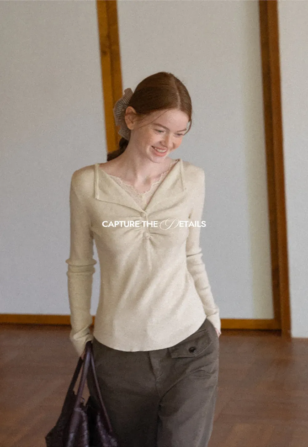 Lace Trim V Neck Pleated Front Woolen Knit Sweater
