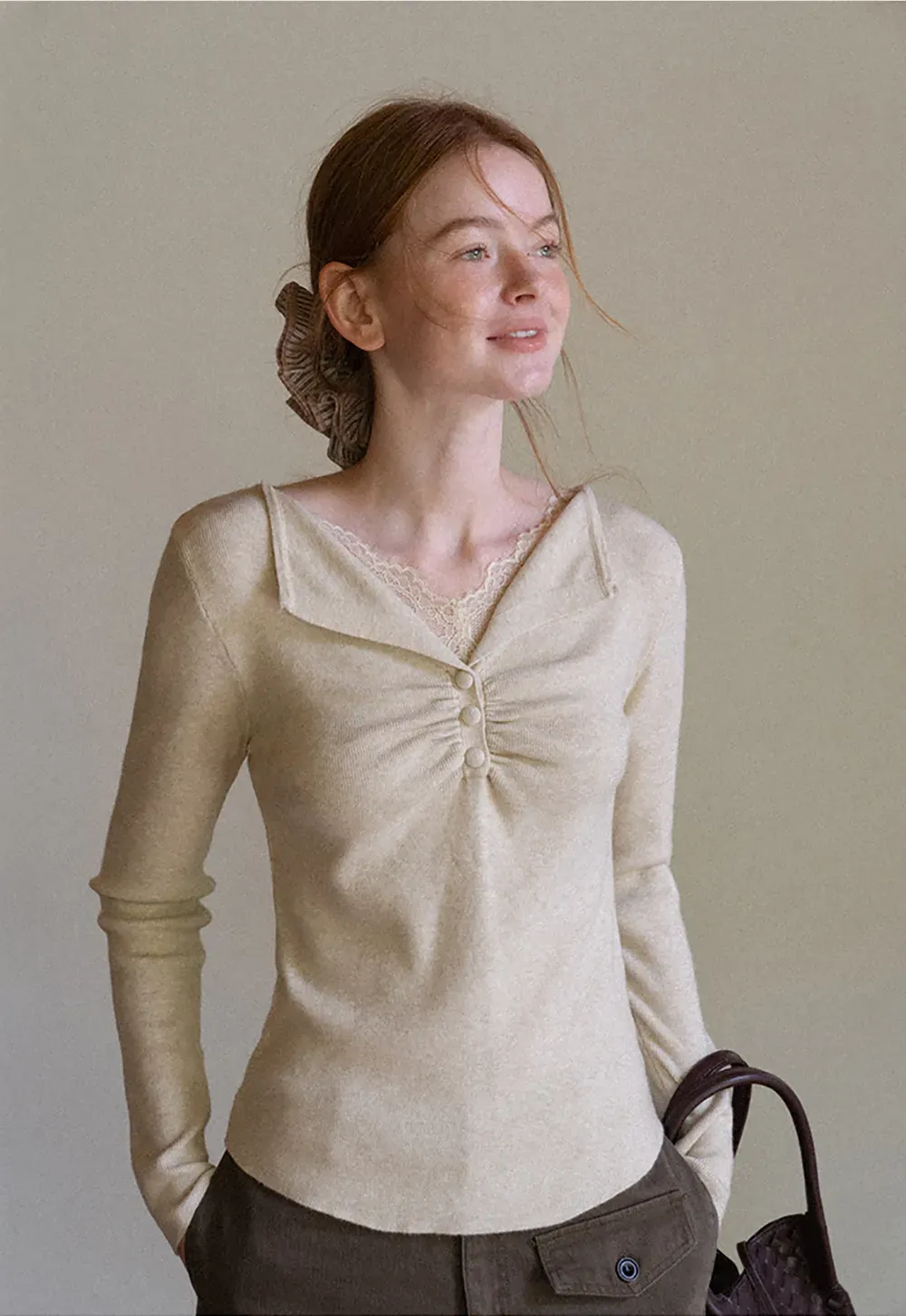 Lace Trim V Neck Pleated Front Woolen Knit Sweater