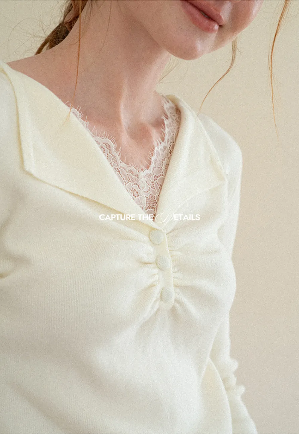Lace Trim V Neck Pleated Front Woolen Knit Sweater