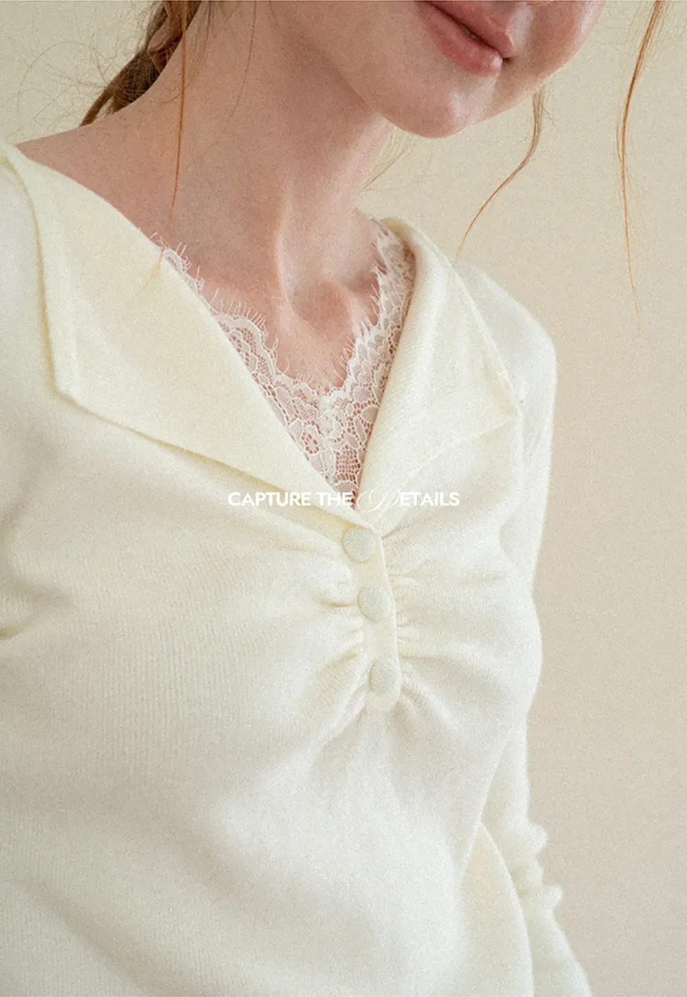 Lace Trim V Neck Pleated Front Woolen Knit Sweater