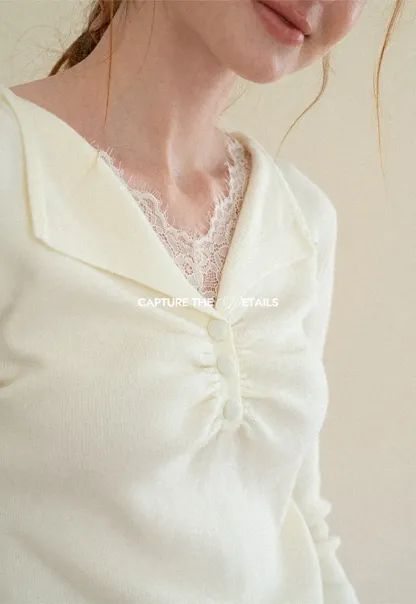 Lace Trim V Neck Pleated Front Woolen Knit Sweater