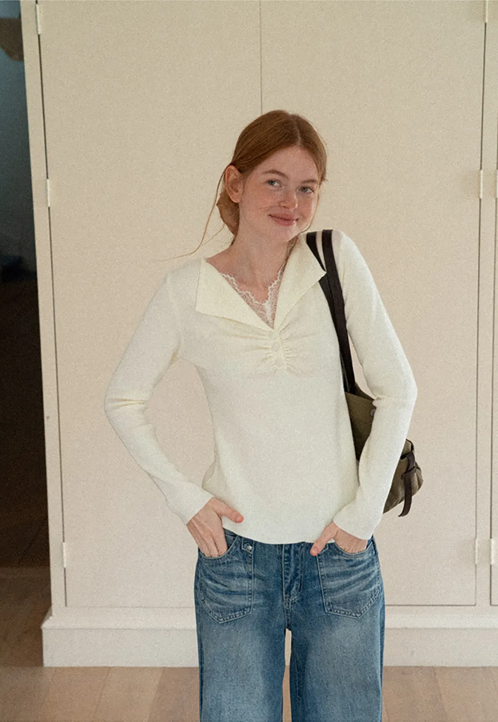 Lace Trim V Neck Pleated Front Woolen Knit Sweater
