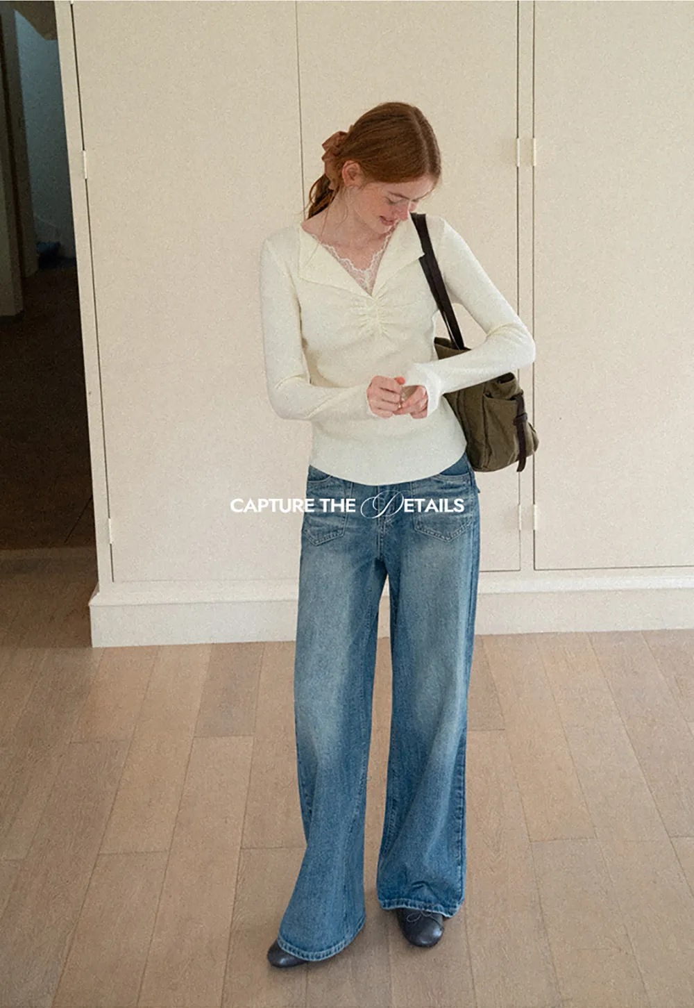Lace Trim V Neck Pleated Front Woolen Knit Sweater