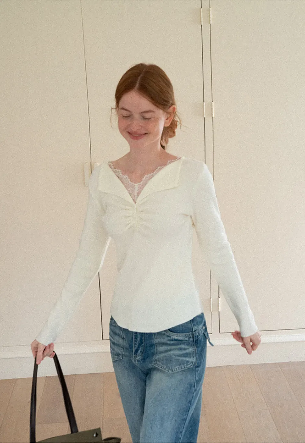 Lace Trim V Neck Pleated Front Woolen Knit Sweater