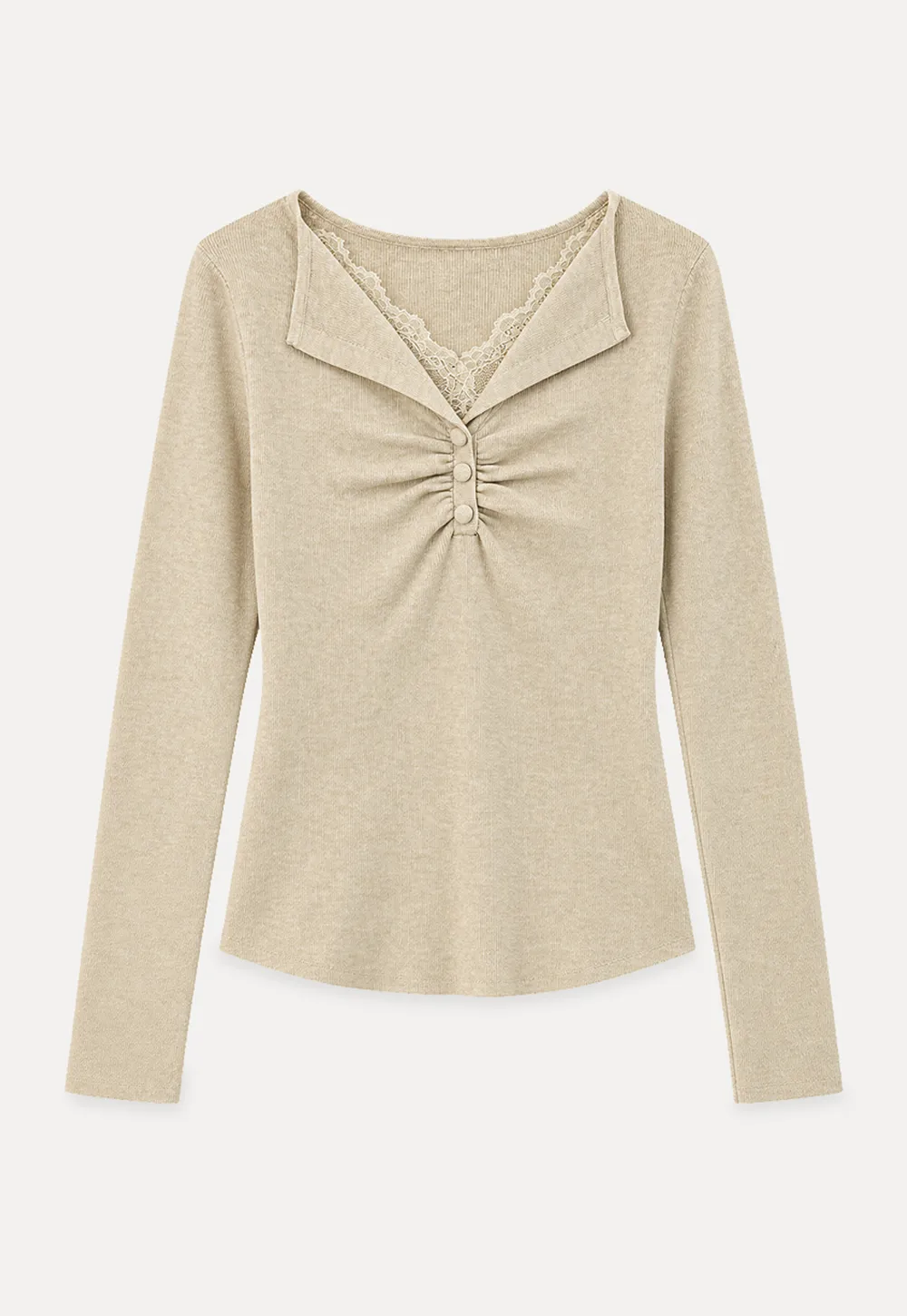Lace Trim V Neck Pleated Front Woolen Knit Sweater