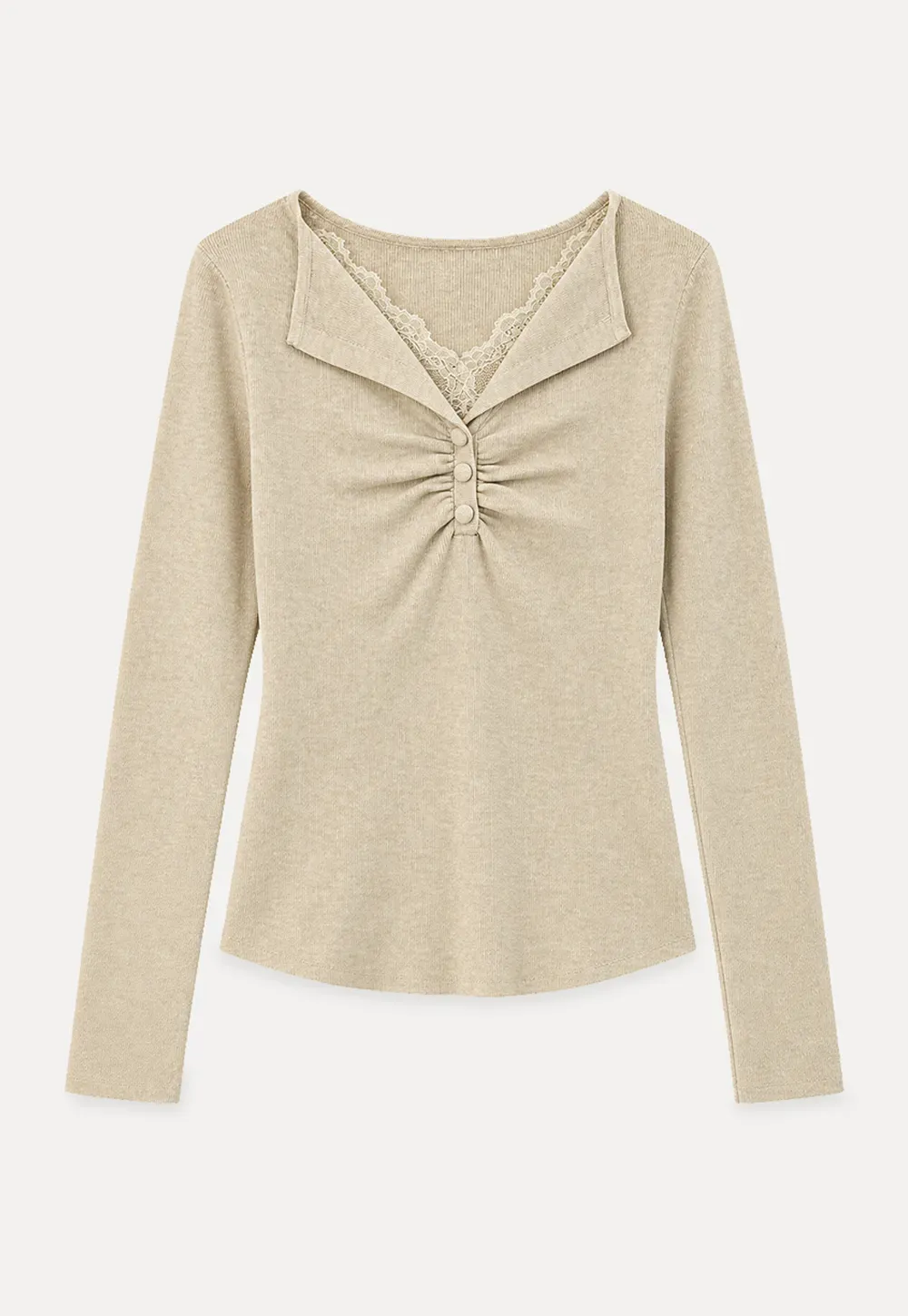 Lace Trim V Neck Pleated Front Woolen Knit Sweater