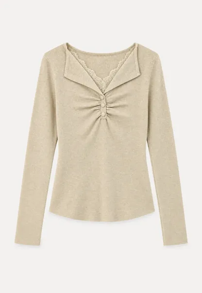 Lace Trim V Neck Pleated Front Woolen Knit Sweater