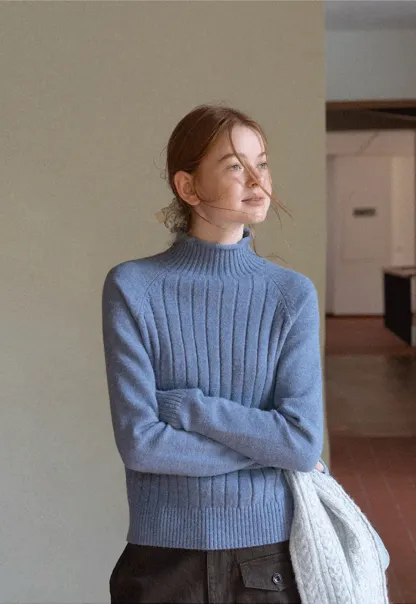 Ribbed Knit Turtleneck Woolen Sweater