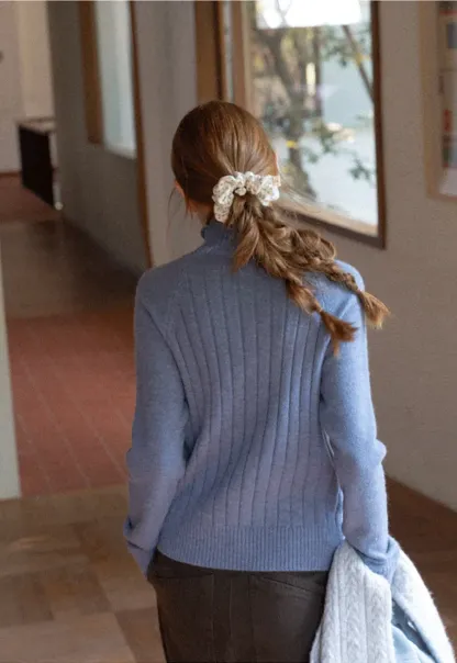 Ribbed Knit Turtleneck Woolen Sweater
