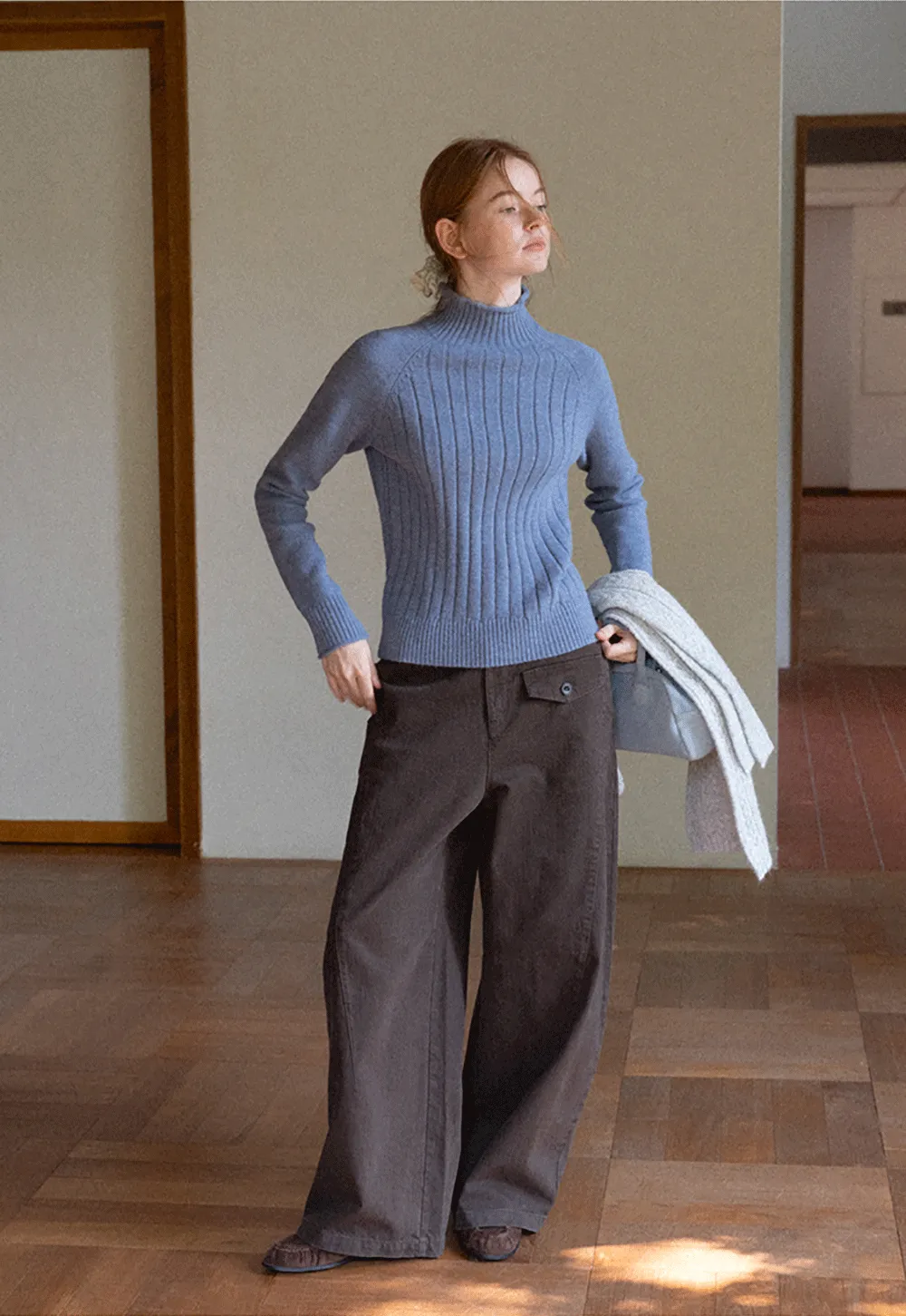 Ribbed Knit Turtleneck Woolen Sweater