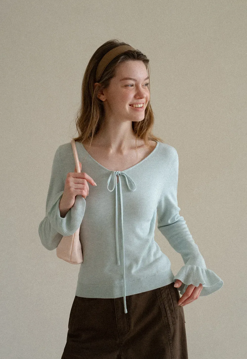 V Neck Drawstring Ribbed Knit Sweater